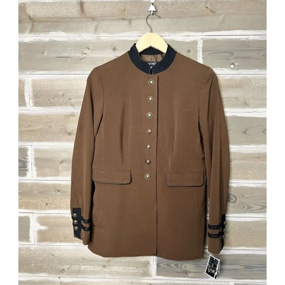 NWT NINE WEST Bi-Stretch Piped Button-Front Military Blazer Brown Jacket Size 2